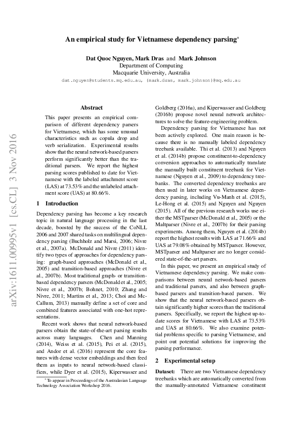 (PDF) An empirical study for Vietnamese dependency parsing