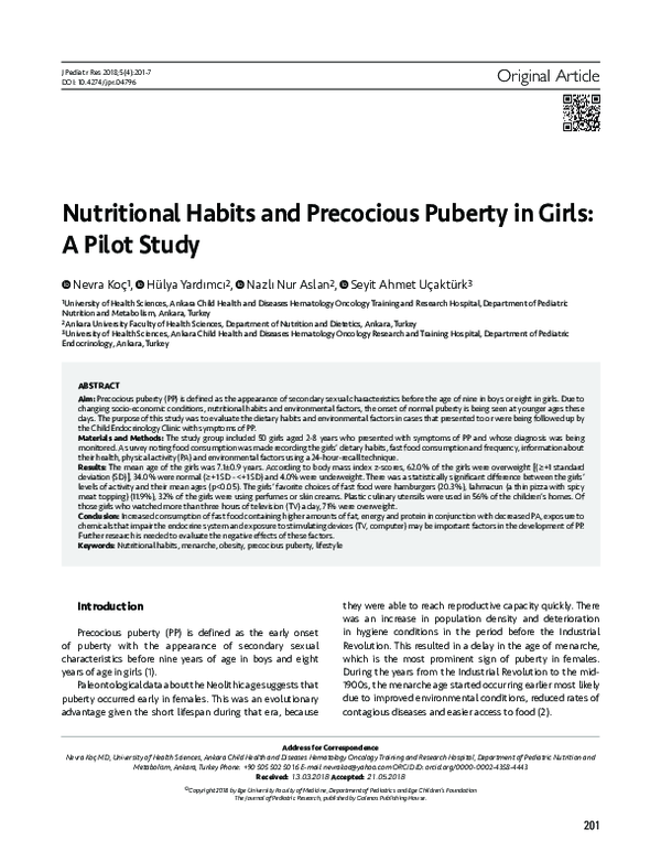 (PDF) Nutritional Habits and Precocious Puberty in Girls: A Pilot Study