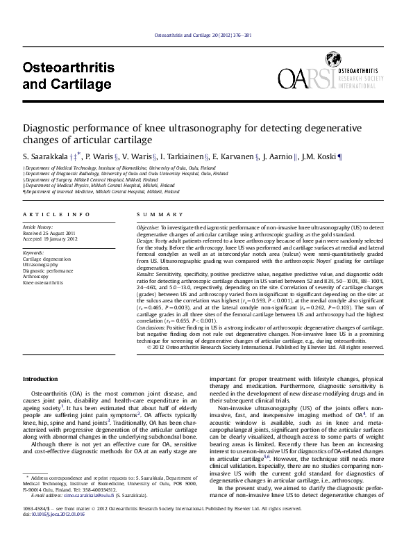 (PDF) Diagnostic performance of knee ultrasonography for detecting ...