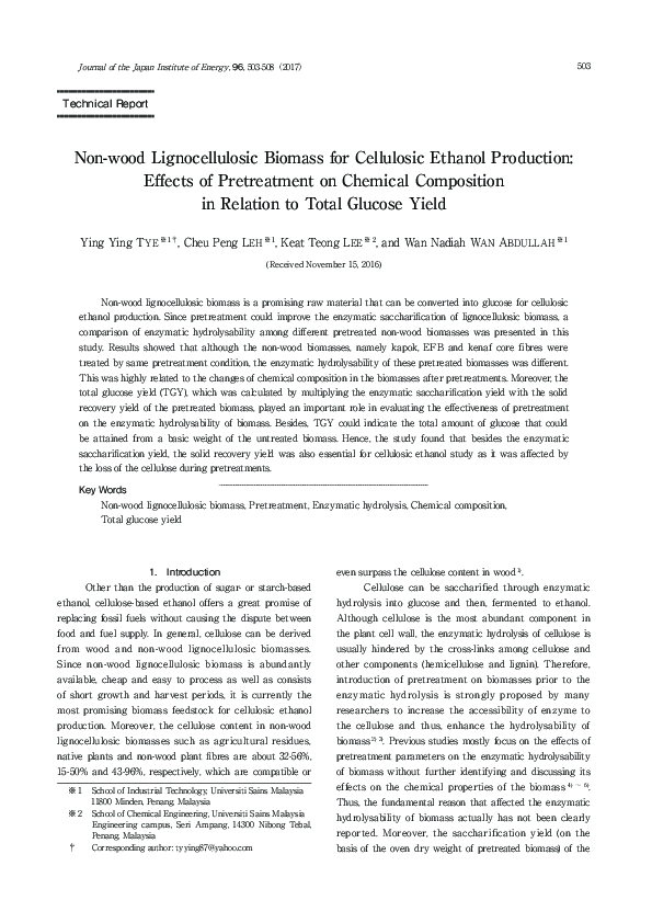 (PDF) Non-wood Lignocellulosic Biomass for Cellulosic Ethanol ...