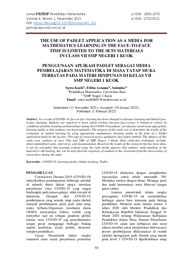(PDF) The Use of Padlet Application as a Media for Mathematics Learning ...