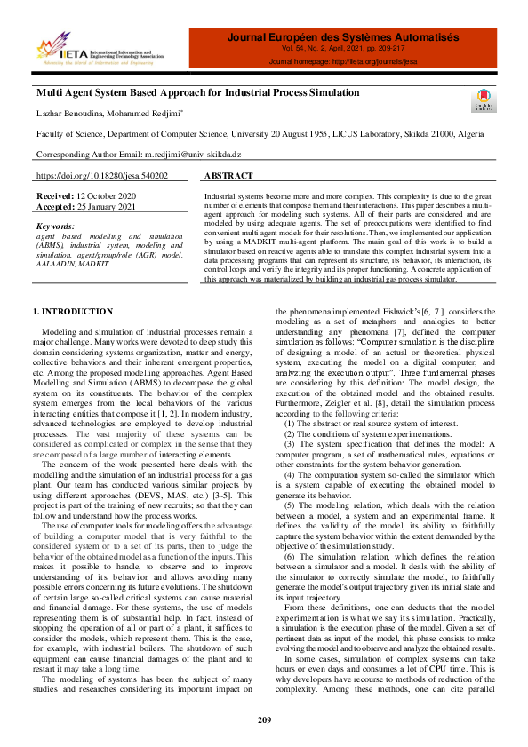 (PDF) Multi Agent System Based Approach for Industrial Process Simulation