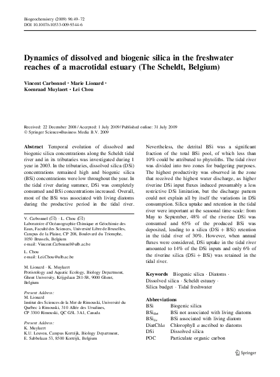 (PDF) Dynamics of dissolved and biogenic silica in the freshwater ...