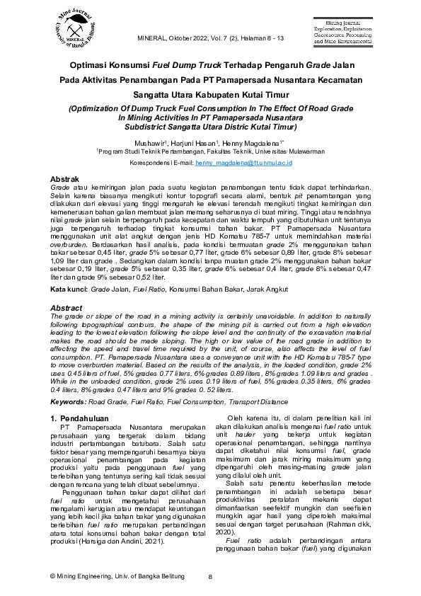 (PDF) Optimasi Konsumsi Fuel Dump Truck Terhadap Pengaruh Grade Jalan