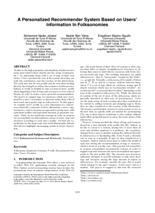 (PDF) A personalized recommender system based on users' information in ...