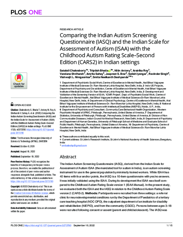 (PDF) Comparing the Indian Autism Screening Questionnaire (IASQ) and ...