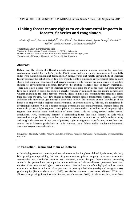 (PDF) Linking forest tenure rights to environmental impacts in forests ...