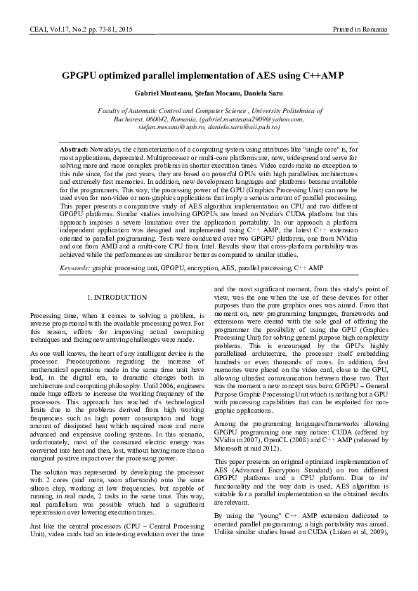 (PDF) GPGPU optimized parallel implementation of AES using C++AMP