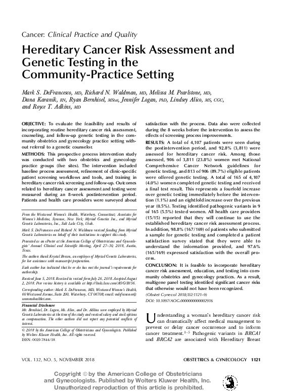 (PDF) Hereditary Cancer Risk Assessment and Genetic Testing in the ...