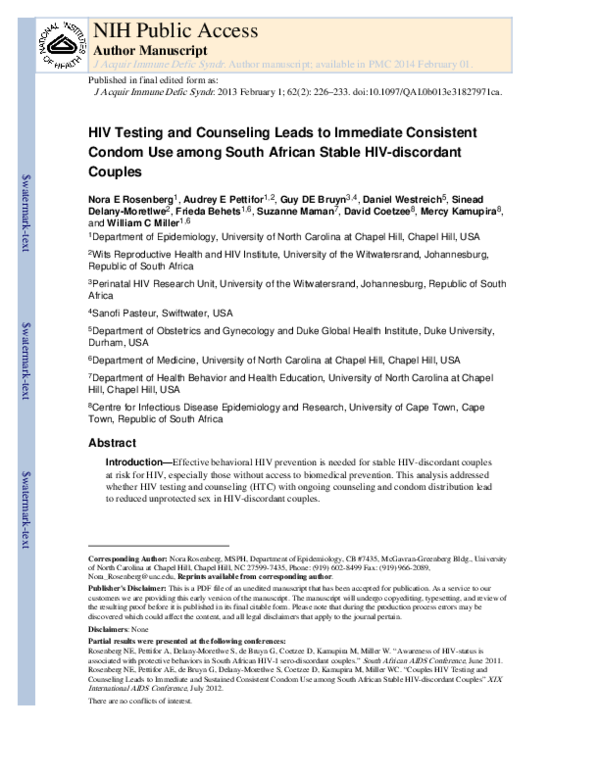 (PDF) HIV Testing and Counseling Leads to Immediate Consistent Condom ...