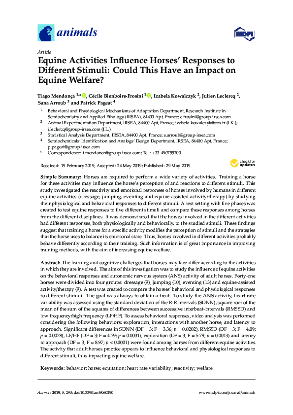 (PDF) Equine Activities Influence Horses’ Responses to Different ...
