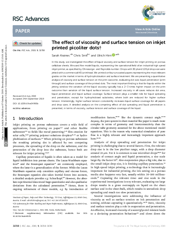 (PDF) The effect of viscosity and surface tension on inkjet printed ...