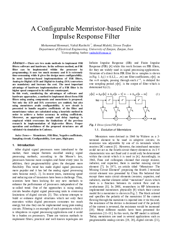 (PDF) A Configurable Memristor-based Finite Impulse Response Filter