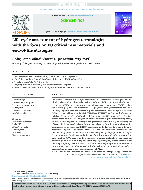 (PDF) Life-cycle assessment of hydrogen technologies with the focus on ...