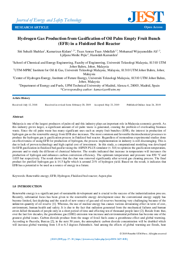 (PDF) Hydrogen Gas Production from Gasification of Oil Palm Empty Fruit ...