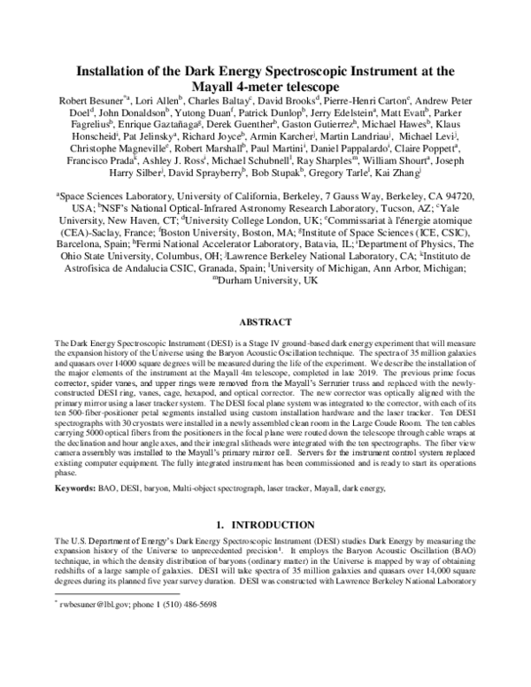 (PDF) Installation of the Dark Energy Spectroscopic Instrument at the ...