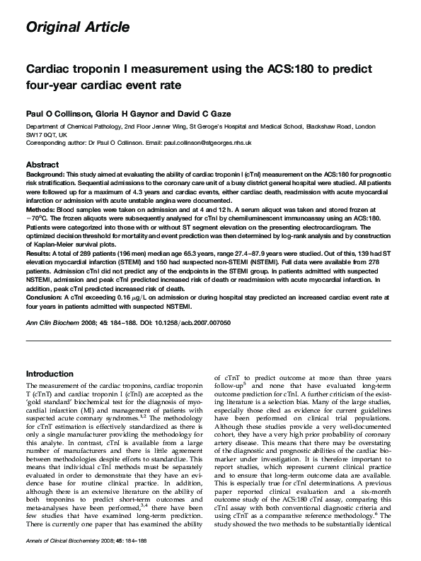 (PDF) Cardiac troponin I measurement using the ACS:180 to predict four ...