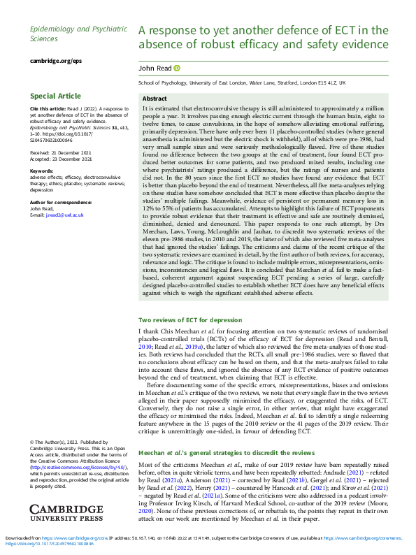 (PDF) A response to yet another defence of ECT in the absence of robust ...