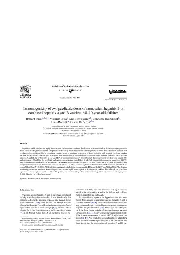 (PDF) Immunogenicity of two paediatric doses of monovalent hepatitis B ...