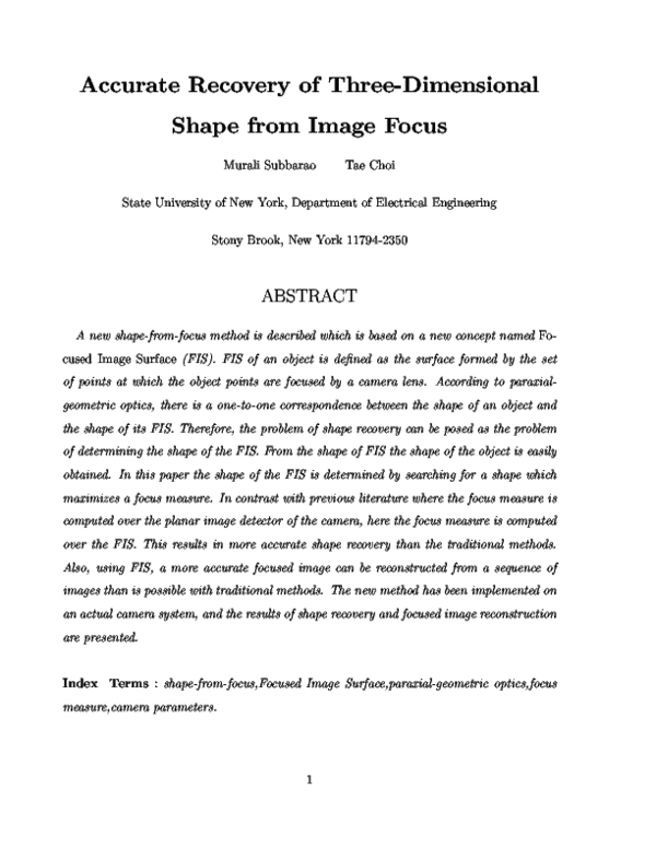 (PDF) Accurate recovery of three-dimensional shape from image focus