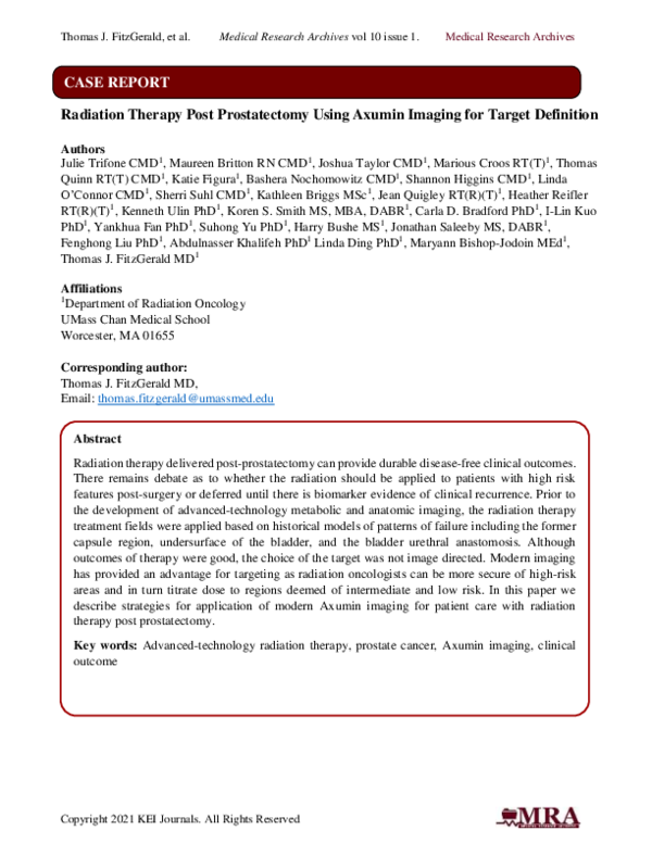 (PDF) Radiation Therapy Post Prostatectomy Using Axumin Imaging for ...