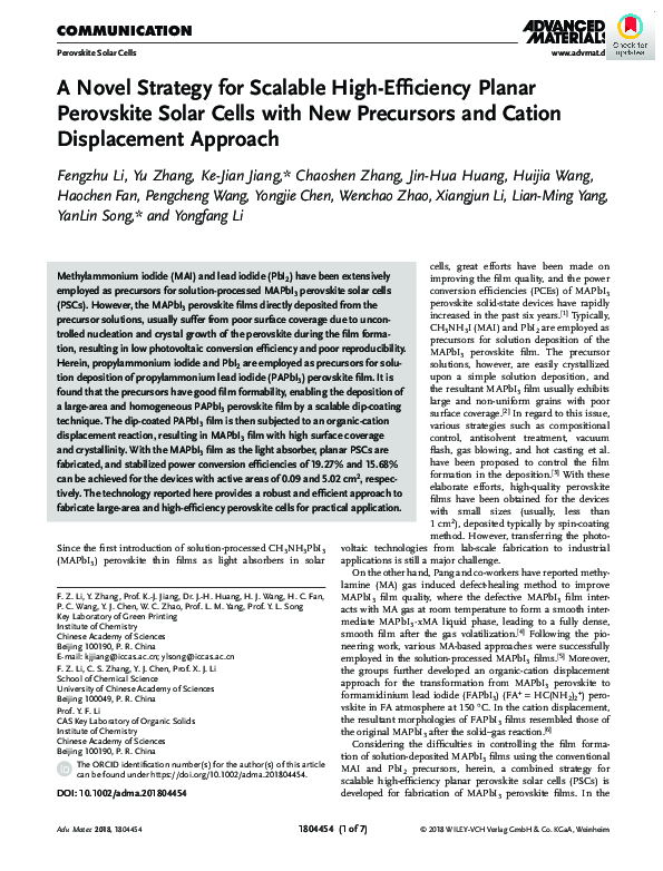 (PDF) A Novel Strategy for Scalable High-Efficiency Planar Perovskite ...