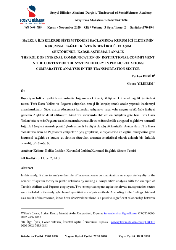 Halkla İli̇şki̇lerde Si̇stem Teori̇si̇ Bağlaminda Kurum İçi̇ İleti̇şi̇mi̇n Kurumsal Bağliliğa Etki̇si̇: Ulaşim Sektöründe Karşilaştirmali Anali̇z