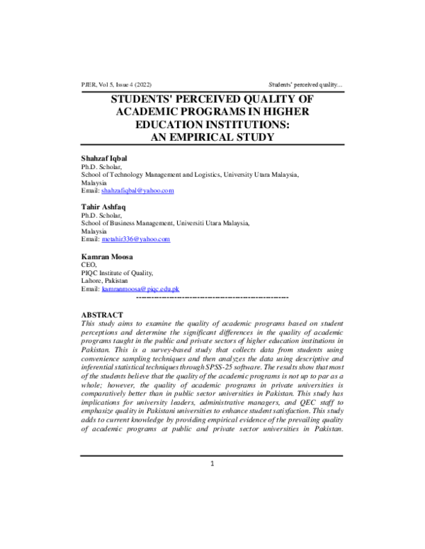 (PDF) STUDENTS' PERCEIVED QUALITY OF ACADEMIC PROGRAMS IN HIGHER ...