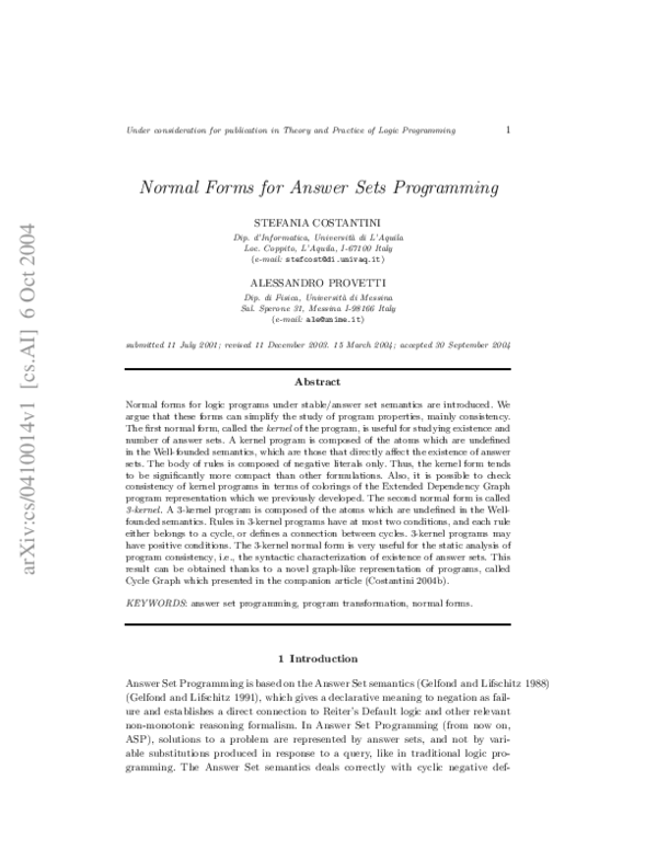 (PDF) Normal forms for answer sets programming