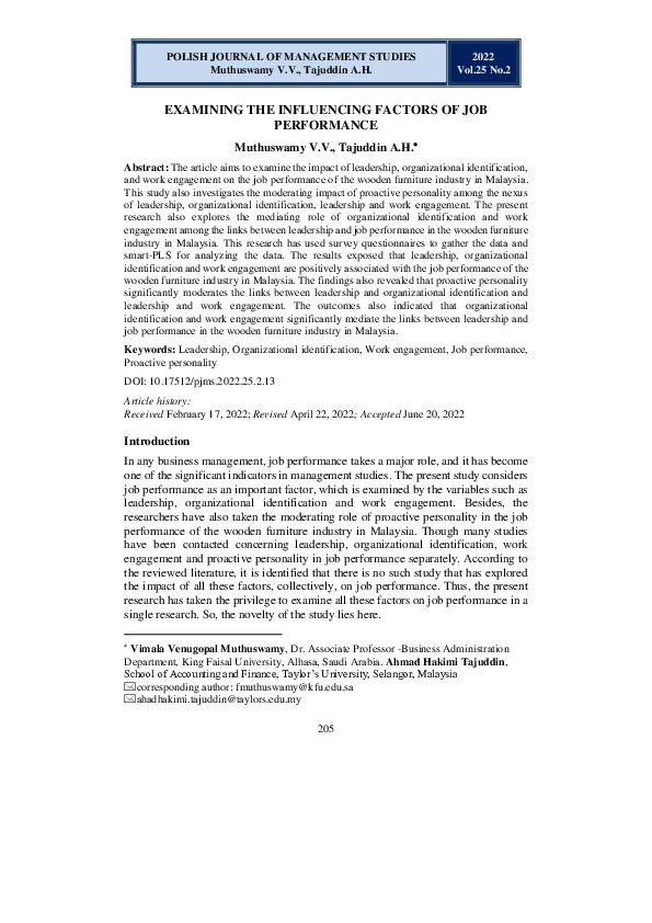 (PDF) EXAMINING THE INFLUENCING FACTORS OF JOB PERFORMANCE