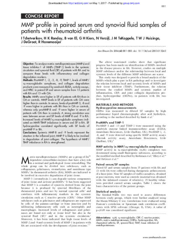 (PDF) MMP profile in paired serum and synovial fluid samples of ...