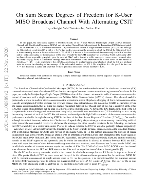 (PDF) On Secure Degrees of Freedom for K-User MISO Broadcast Channel ...