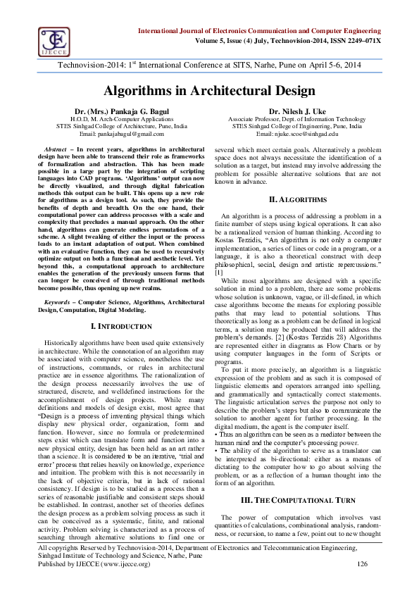 (PDF) Algorithms in Architectural Design Dr . ( Mrs . )