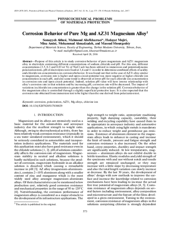 (PDF) Corrosion behavior of pure Mg and AZ31 magnesium alloy