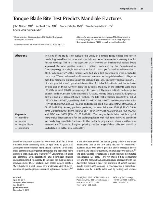 (PDF) Tongue Blade Bite Test Predicts Mandible Fractures