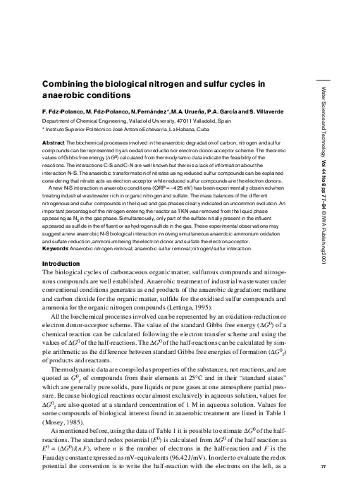 (PDF) Combining the biological nitrogen and sulfur cycles in anaerobic ...