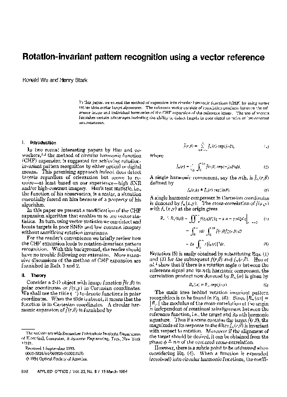 (PDF) Rotation-invariant pattern recognition using a vector reference