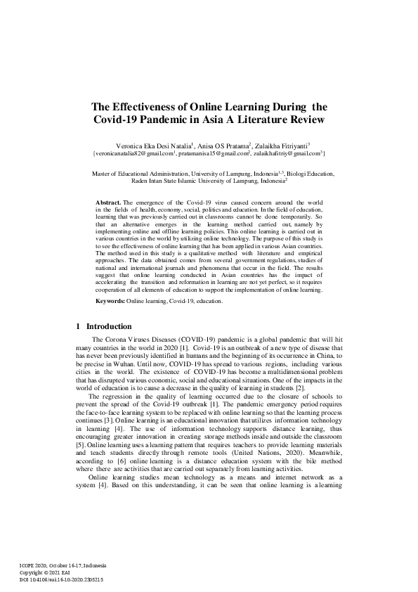 (PDF) The Effectiveness of Online Learning During the Covid-19 Pandemic ...