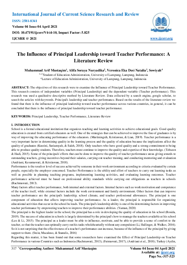 (PDF) The Influence of Principal Leadership toward Teacher Performance ...