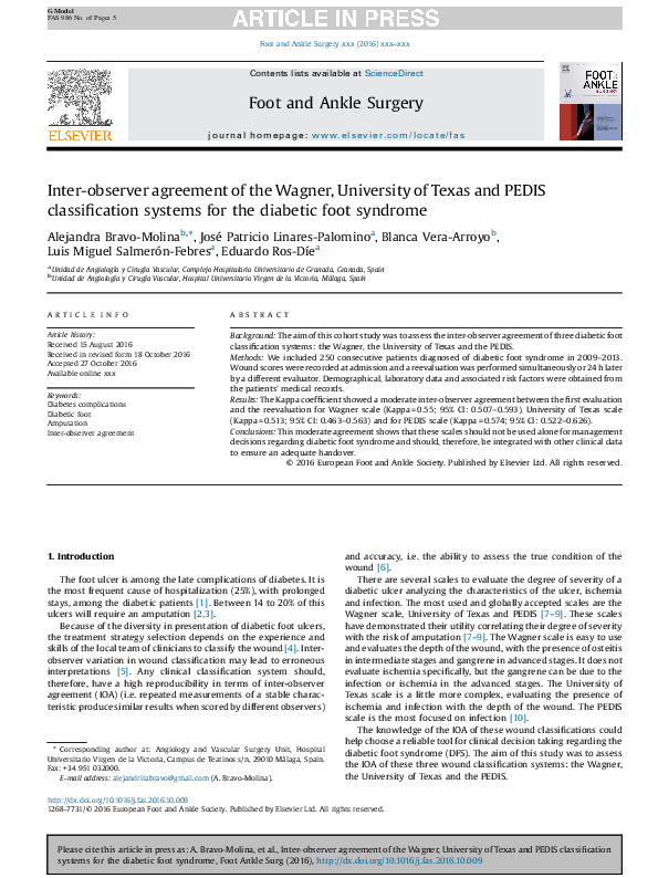 (PDF) Inter-observer agreement of the Wagner, University of Texas and ...
