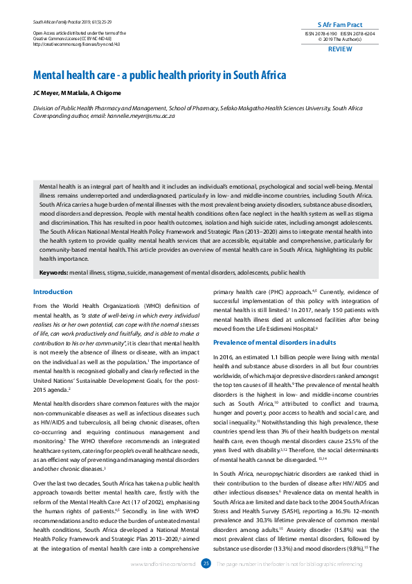 (PDF) Mental health care - a public health priority in South Africa