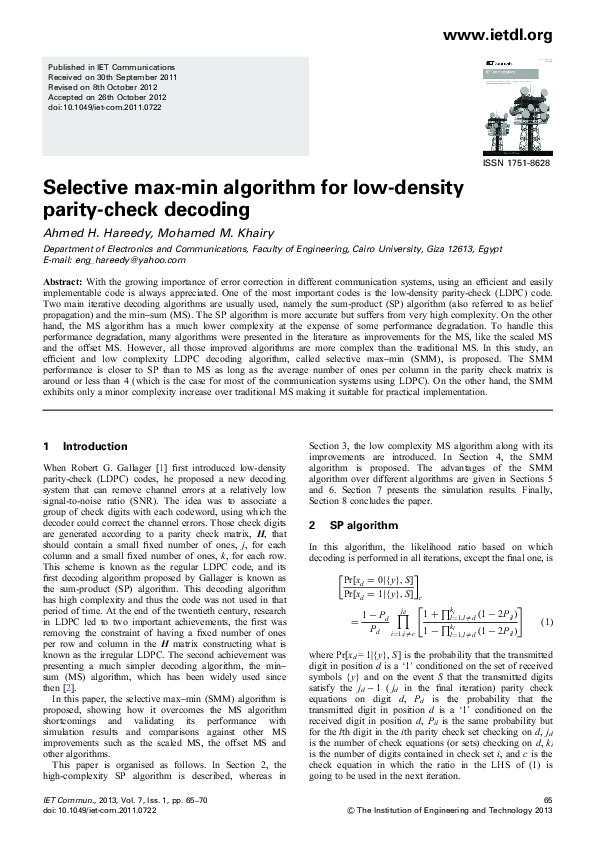 (PDF) Selective max-min algorithm for low-density parity-check decoding