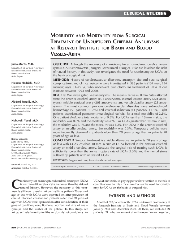 (PDF) Morbidity and Mortality from Surgical Treatment of Unruptured ...