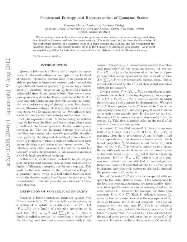 (PDF) Contextual Entropy and Reconstruction of Quantum States
