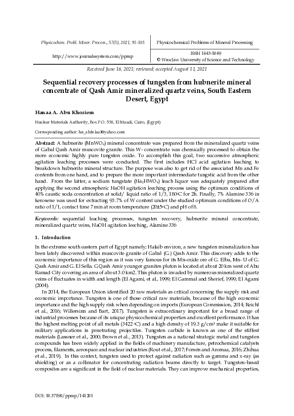 (PDF) Sequential recovery processes of tungsten from hubnerite mineral ...