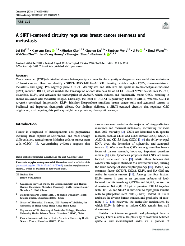 (PDF) A SIRT1-centered circuitry regulates breast cancer stemness and ...