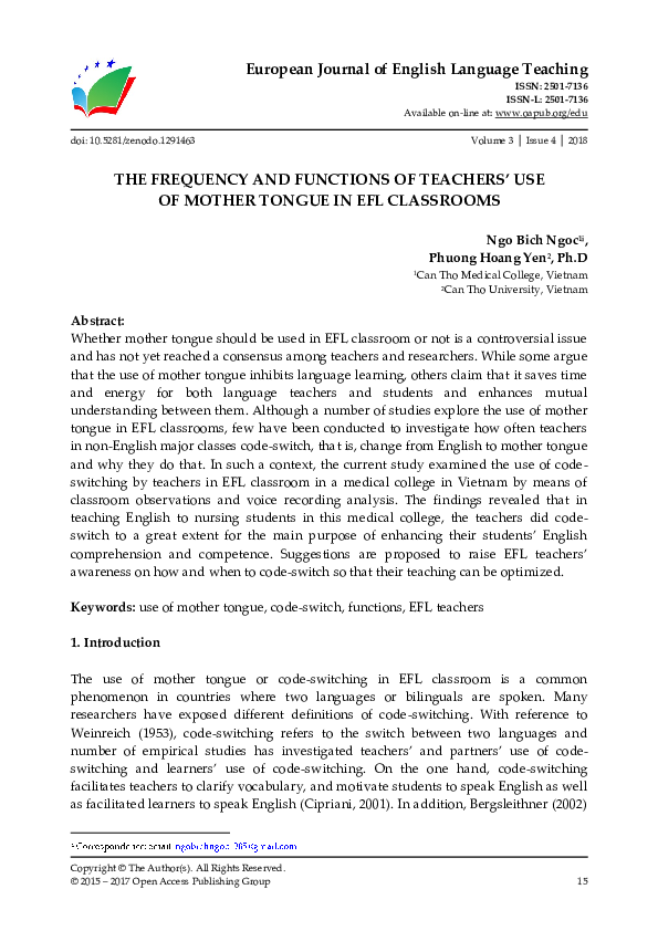 (PDF) The Frequency and Functions of Teachers’ Use of Mother Tongue in ...