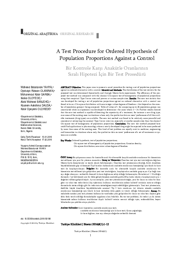 (PDF) Bir Kontrole Karşı Anakütle Oranlarının Sıralı Hipotezi İçin Bir ...