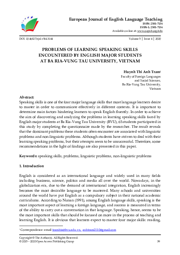 (PDF) Problems of Learning Speaking Skills Encountered by English Major ...