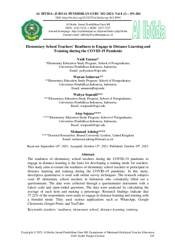 (PDF) Elementary School Teachers' Readiness to Engage in Distance ...